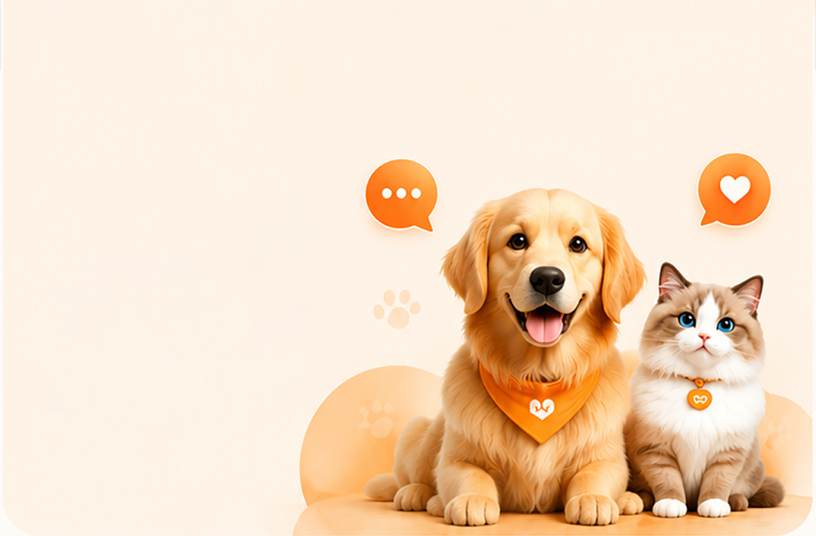 帮助中心移动端主视觉:金毛犬与布偶猫相伴,温暖米色背景